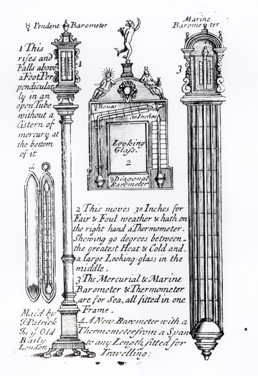 Geannoteerde illustratie van hangende, diagonale en mariene barometers door English School