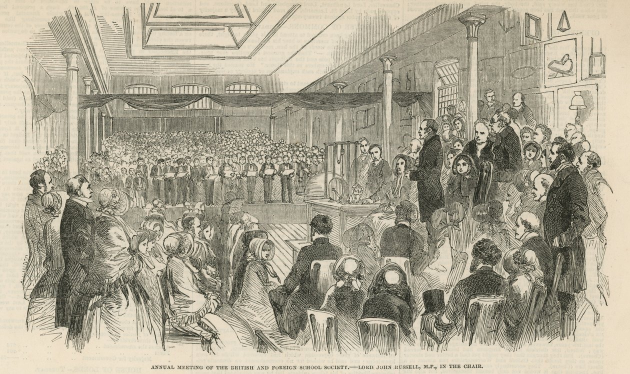 Jaarvergadering van de British and Foreign School Society (gravure) door English School