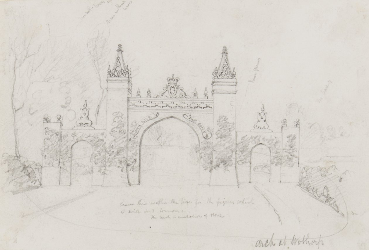 Boog in Wothorp, Cambridgeshire, opgericht om koningin Victoria en prins Albert te verwelkomen op weg naar Burghley House door English School