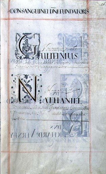 Archief 3693 f.46 Pagina met drie weldoeners van New College, Oxford: Gulielmus, Nathaniel, uit een Benefactieboek door English School