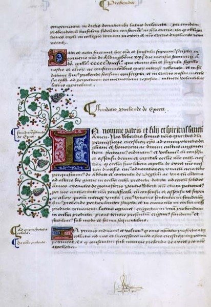 Pagina met tekst en verlichte initiaal, uit het Foundations Book van Robert Sherborne of Shirburn (c.1450-1536) Bisschop van Chichester door English School