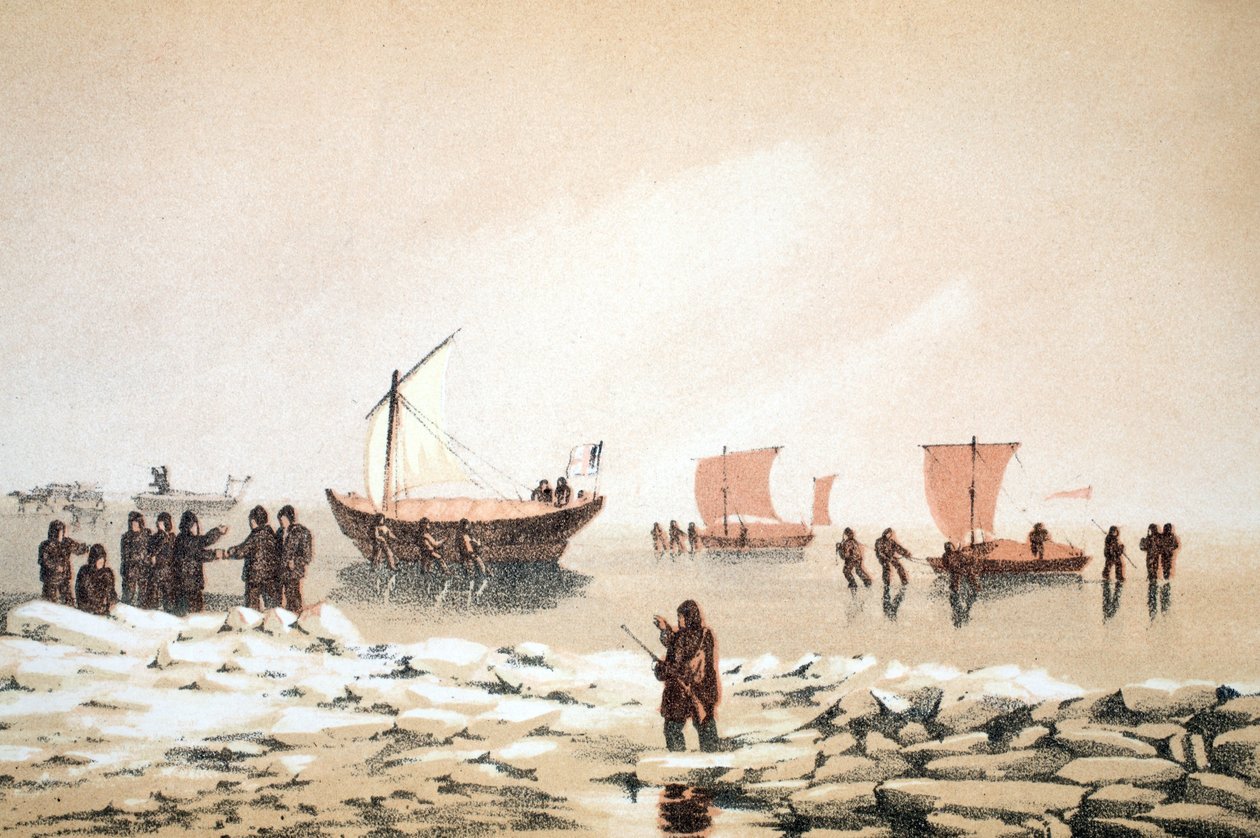 Arctisch reizen, illustratie uit Reis naar Baffinsbaai en Barrow Straits..., 1852 door English School