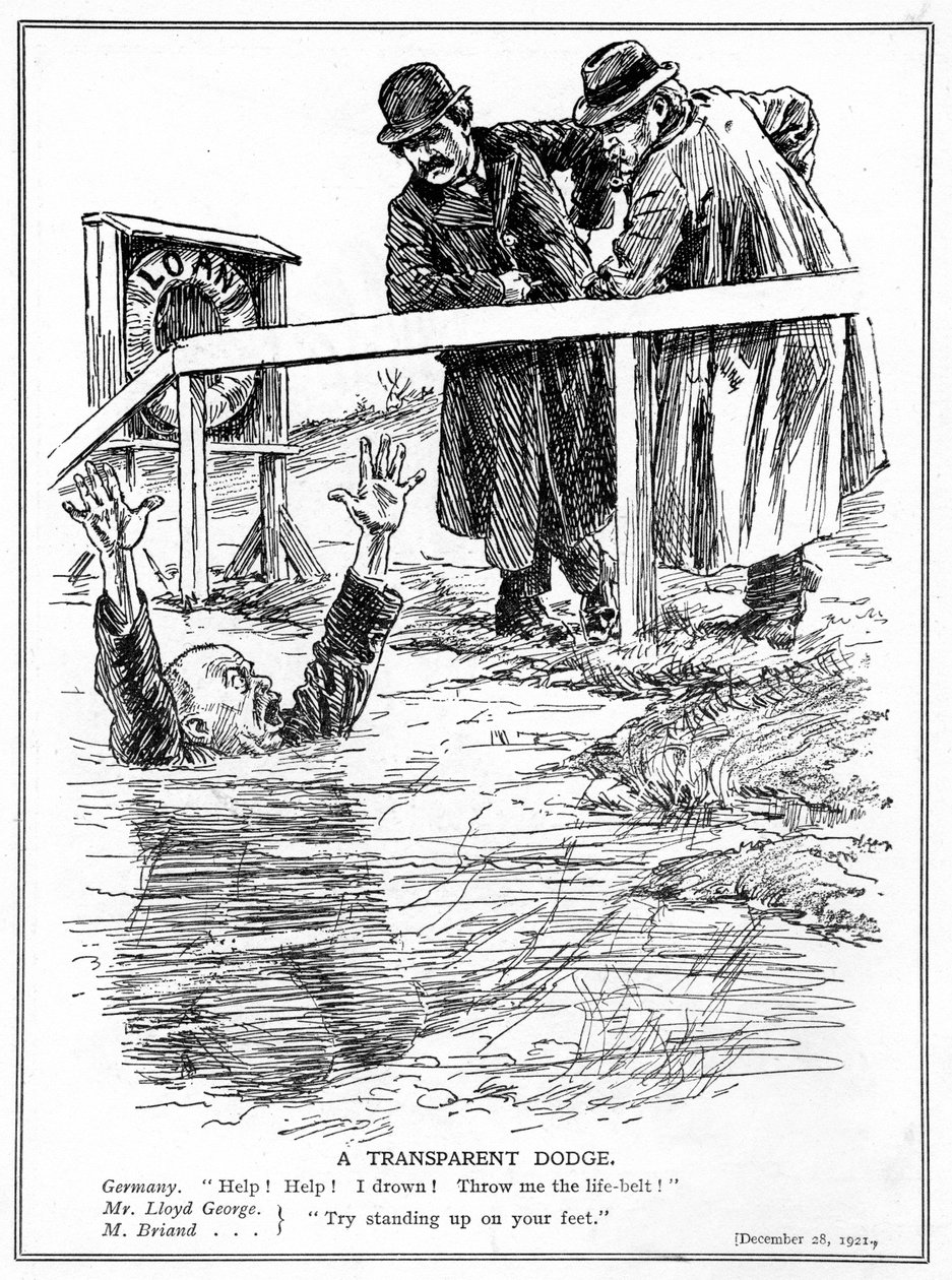 Aristide Briand en Lloyd George bespotten het verdrinkende Duitsland, december 1921 door English School