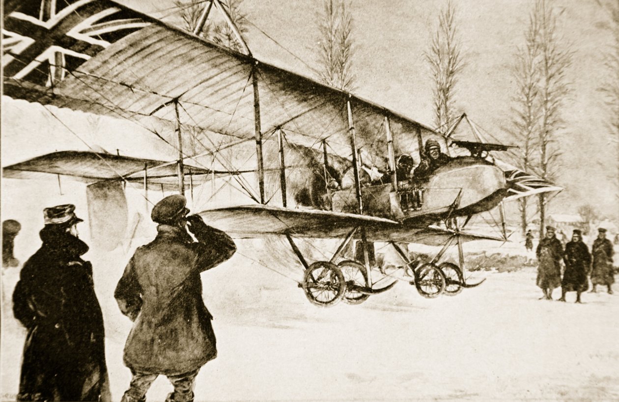 Gewapende Britse dubbeldekker vertrekt vanaf het hoofdkwartier nabij Hollebeke, 1914-19 door English School