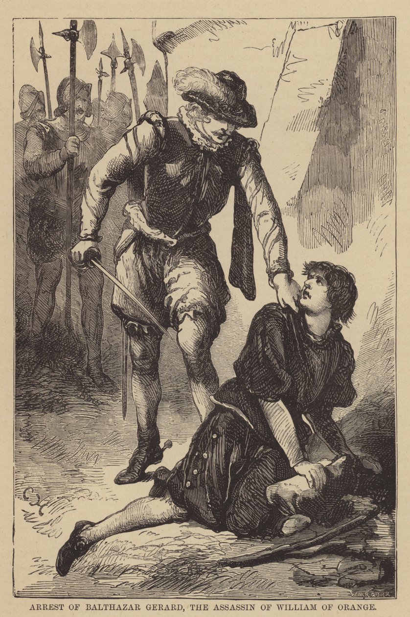 Arrestatie van Balthazar Gerard, de moordenaar van Willem van Oranje (gravure) door English School