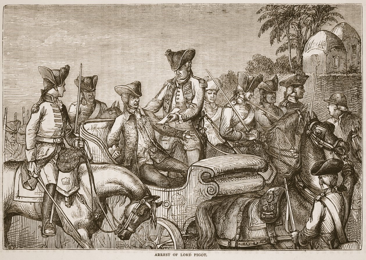 Arrestatie van Lord Pigot, illustratie uit Cassells Geïllustreerde Geschiedenis van India door James Grant, uitgegeven 1879 door English School