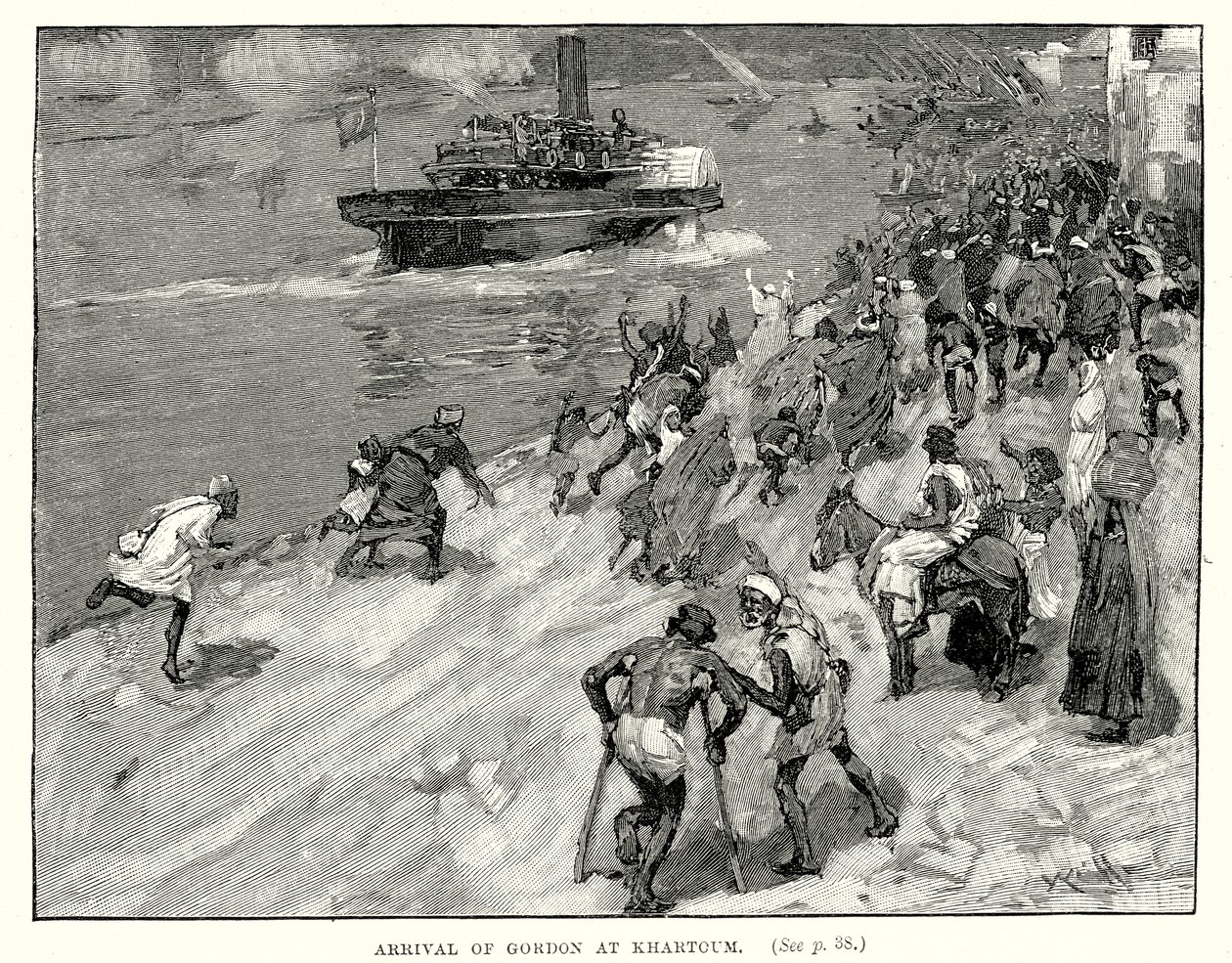 Aankomst van Gordon in Khartoem (gravure) door English School