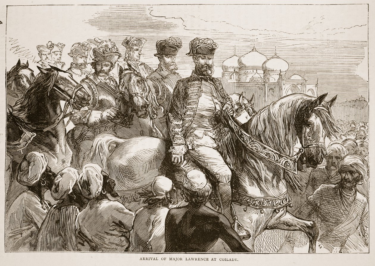 Aankomst van majoor Lawrence in Coilady, illustratie uit Cassells Geïllustreerde Geschiedenis van India door James Grant, uitgegeven 1879 door English School