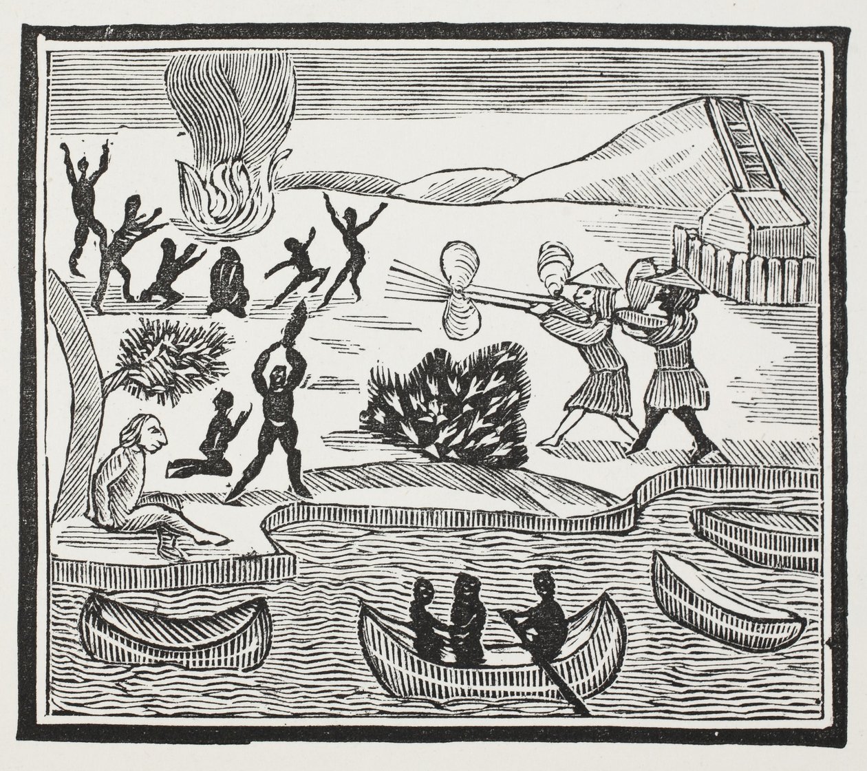 Aankomst van wilden met christelijke gevangene, illustratie uit Chap-books van de achttiende eeuw door John Ashton, uitgegeven 1882 door English School