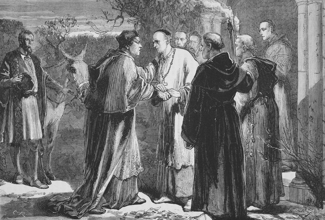 Aankomst van Wolsey bij de abdij van Leicester, illustratie uit De Geschiedenis van het Protestantisme door James Aitken Wylie, 1878 door English School