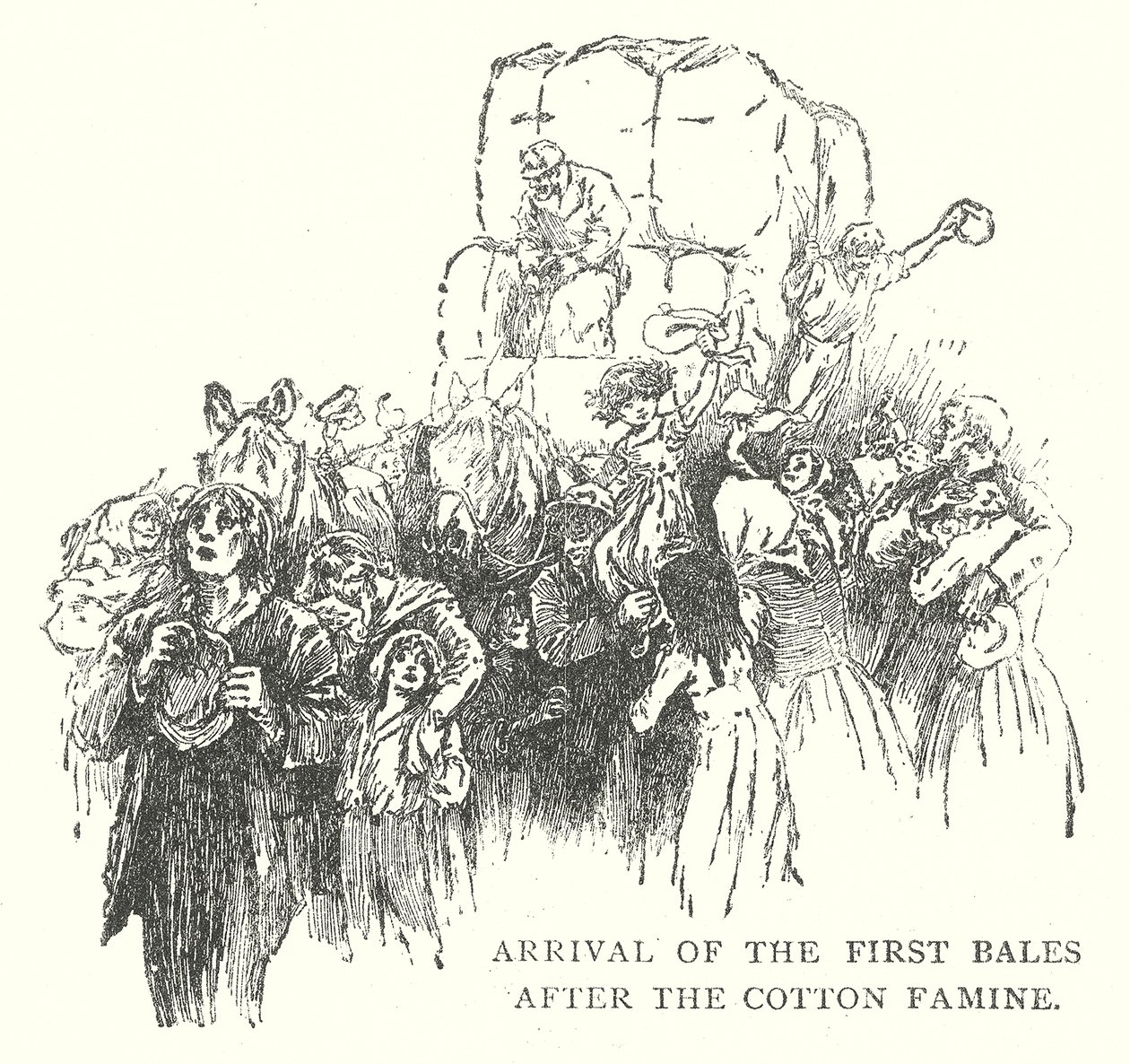 Aankomst van de eerste balen na de katoenhongersnood (gravure) door English School
