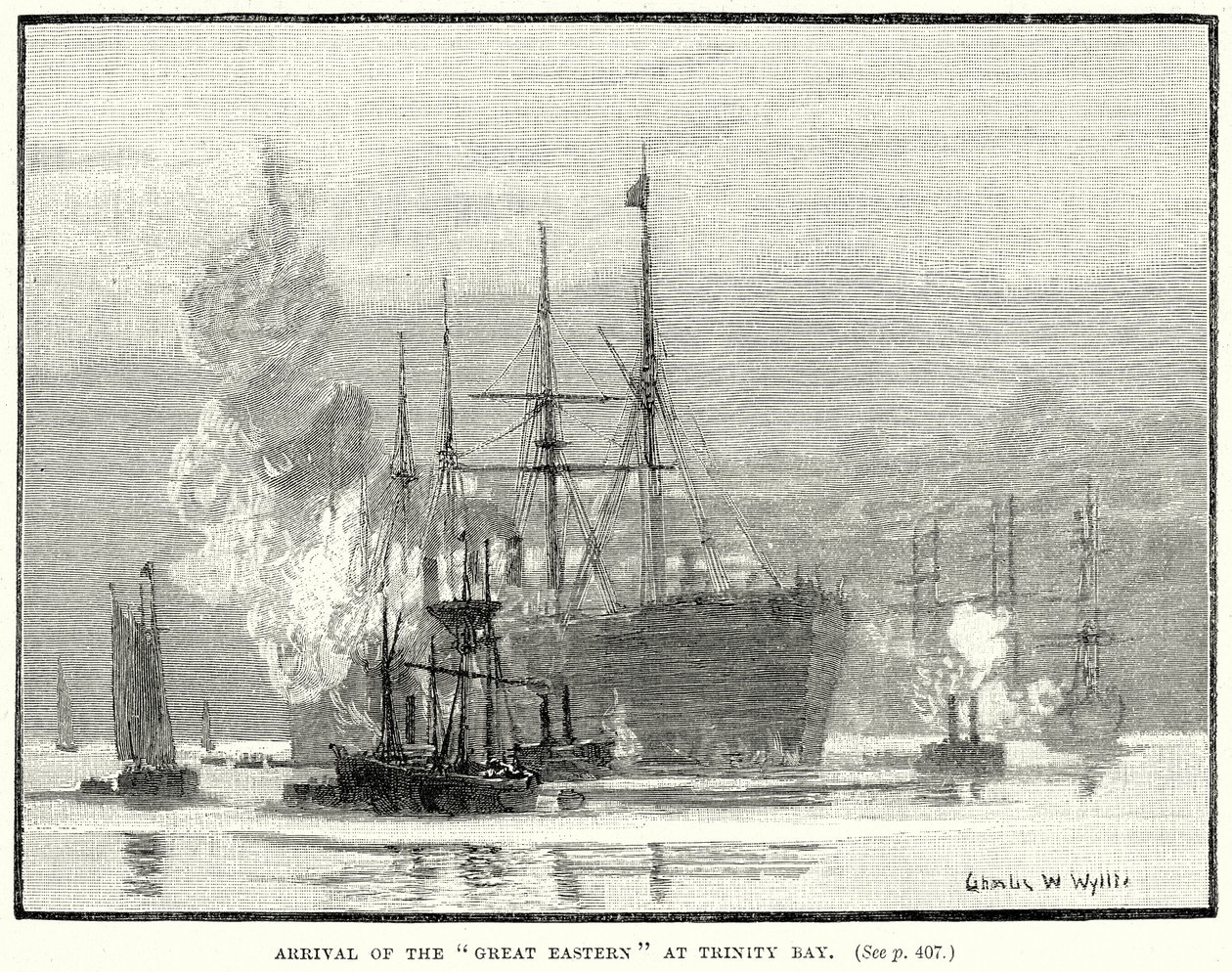 Aankomst van de "Great Eastern" in Trinity Bay (gravure) door English School