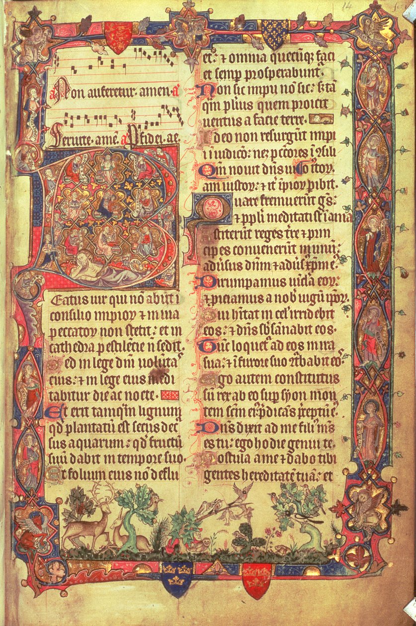 Herten en vogels, uit de Arundel Psalter, c.1310 door English School