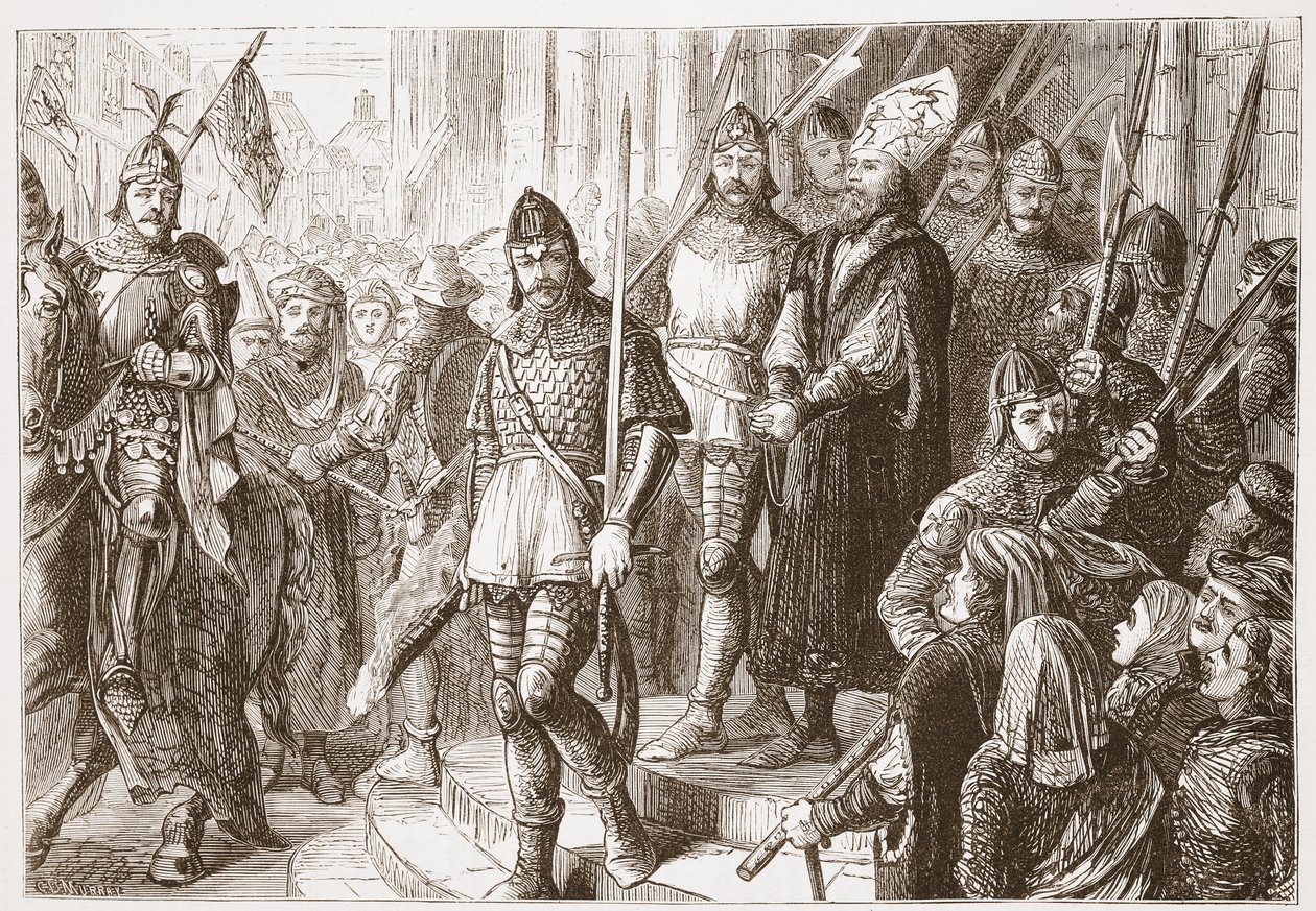 Toen ze hem uit de kerk leidden... begon hij te zingen, Credo in Unum Deum, illustratie uit De Geschiedenis van het Protestantisme door James Aitken Wylie, 1878 door English School