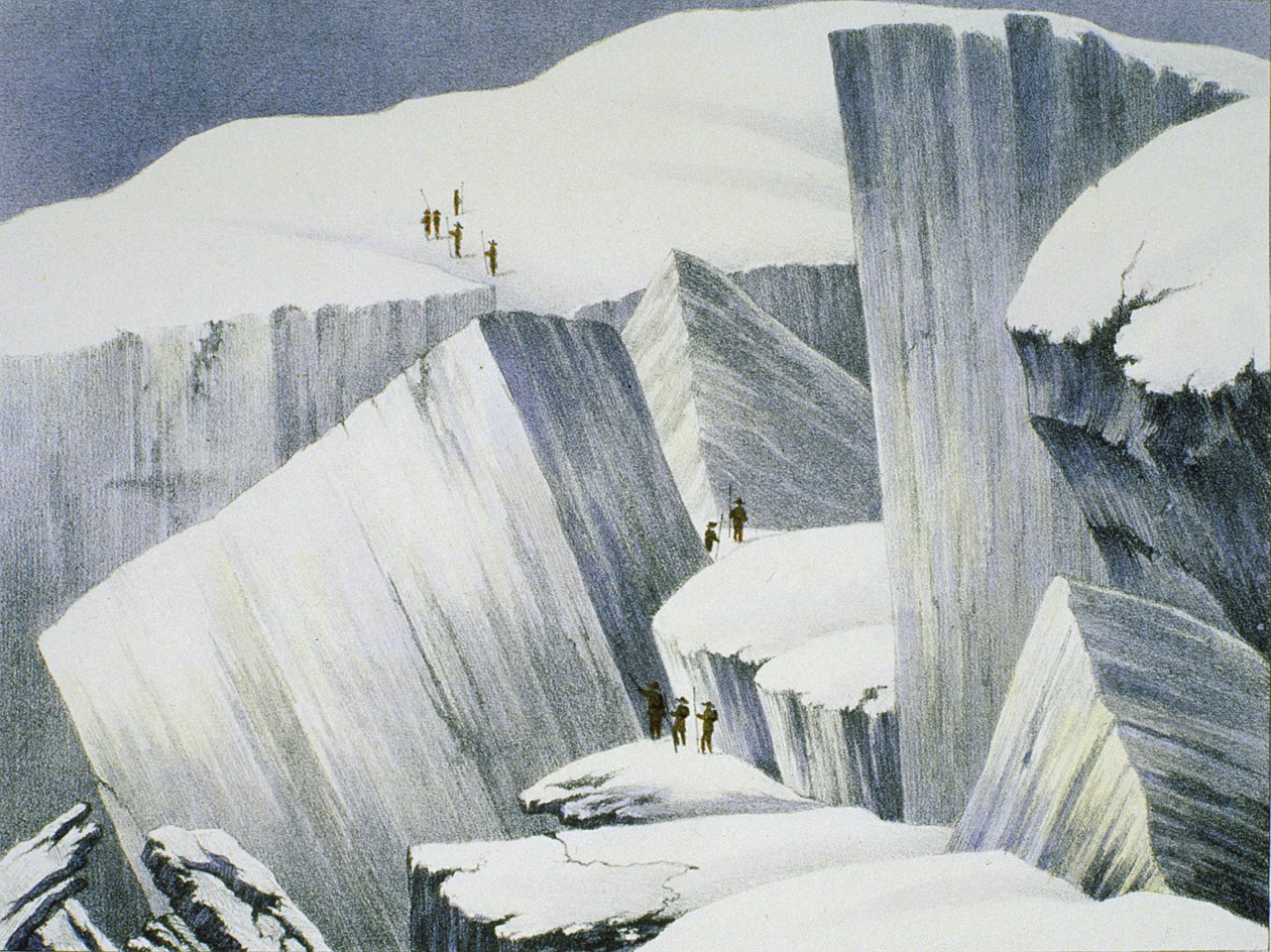 Beklimmen van een klif, uit A Narrative of an Ascent to the Summit of Mont Blanc door Charles Fellows (1799-1860), gepubliceerd 1827 door English School