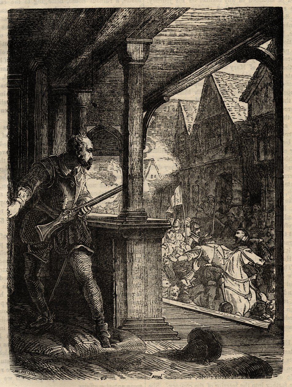 Moord op de Regent Murray (James Stewart Moray) - James Stewart Moray (ca. 1531-70), Regent van Schotland voor Koning James VI - Gravure uit 