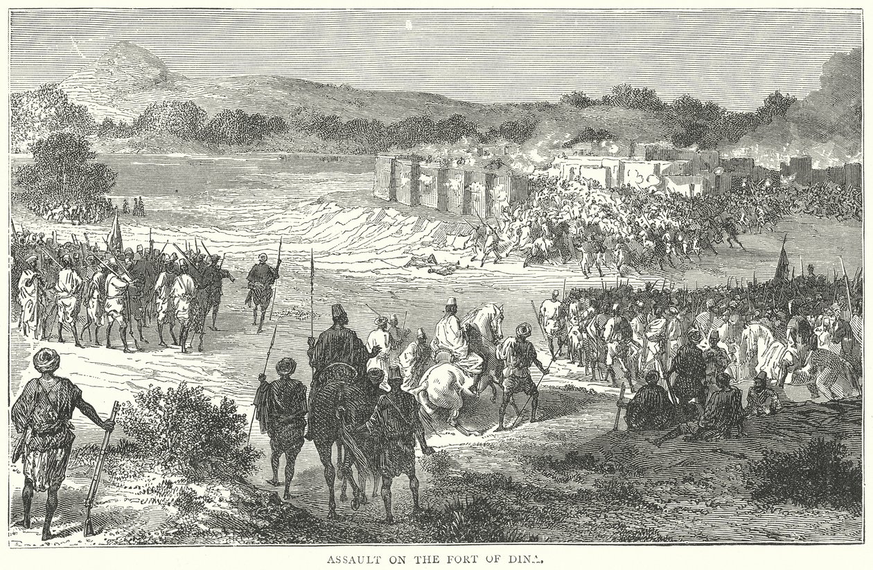 Aanval op het fort van Dina (gravure) door English School