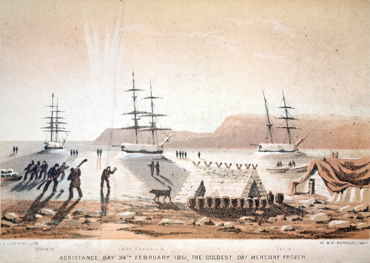 Assistance Bay, 24 februari 1851, De koudste dag. Kwik bevroren, illustratie uit Reis naar Baffinsbaai en Barrow Straits..., 1852 door English School
