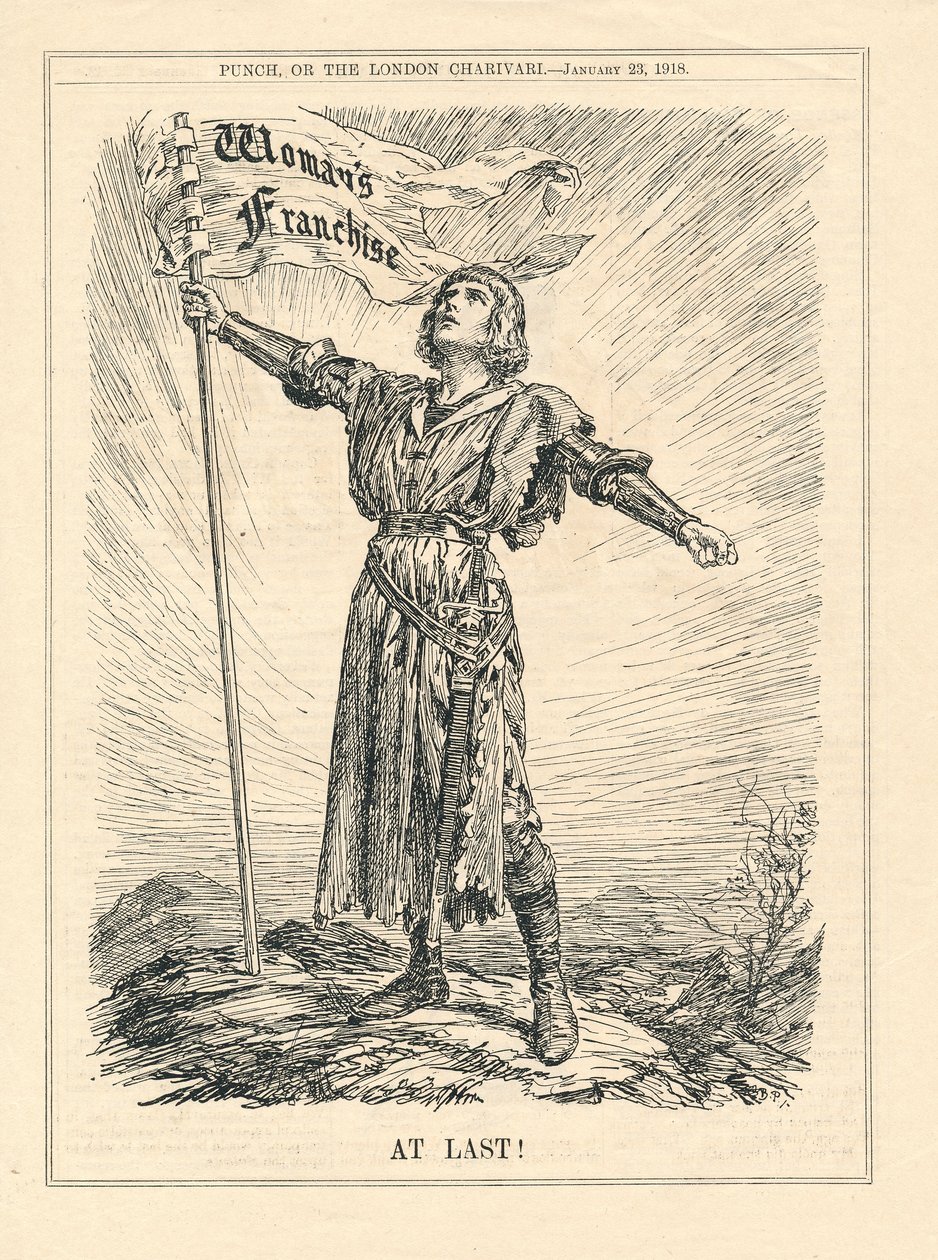 Eindelijk, illustratie van vrouwelijke krijger die het vrouwenkiesrecht viert, Punch, 23 januari door English School