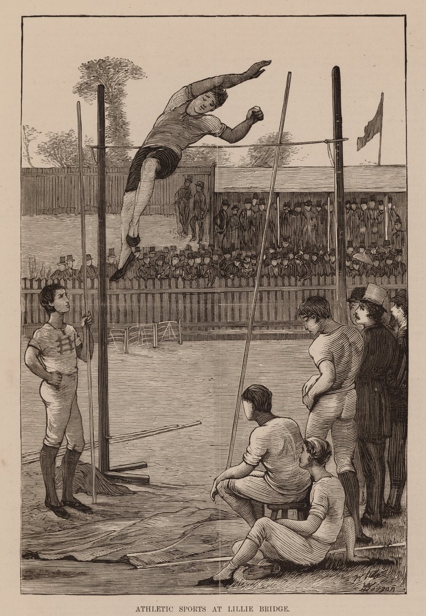 Atletische sporten bij Little Bridge, "Paalspringen" (gravure) door English School