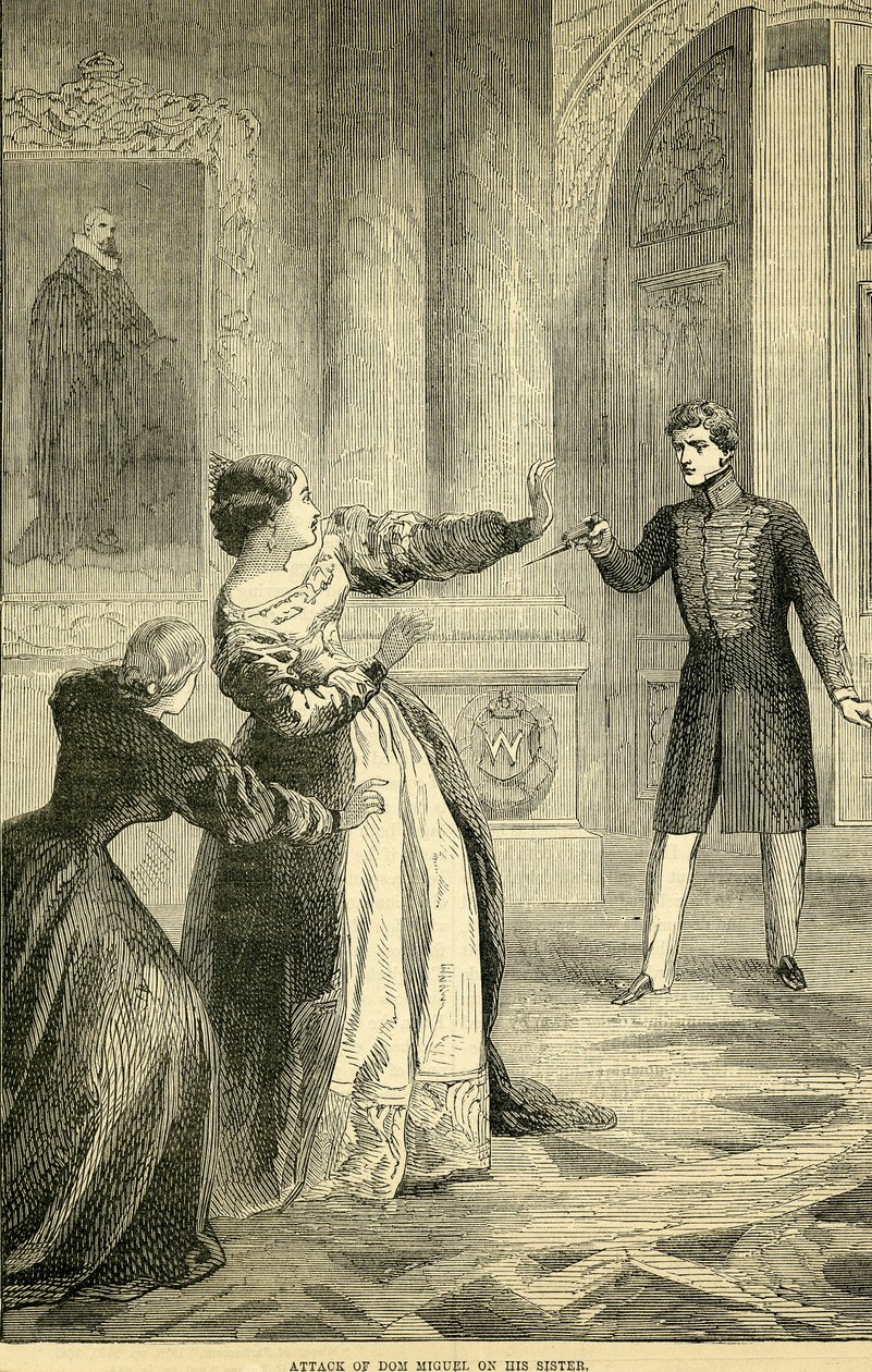 Aanval van Don Miguel op zijn zus, uit Cassells Geïllustreerde Geschiedenis van Engeland, 1857-1858 door English School
