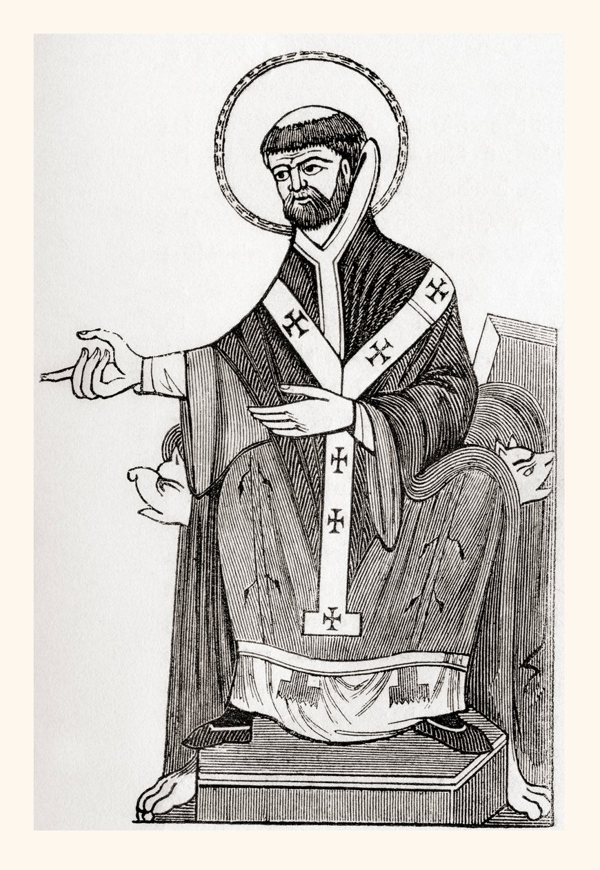 Augustinus van Canterbury, 6e-eeuwse katholieke benedictijnse monnik die de eerste aartsbisschop van Canterbury werd, uit Old England: A Pictorial Museum, uitgegeven 1847 door English School