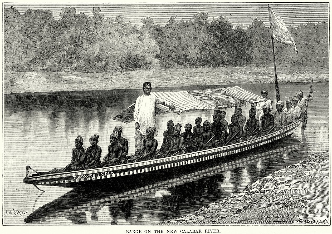 Schuit op de rivier de New Calabar (gravure) door English School