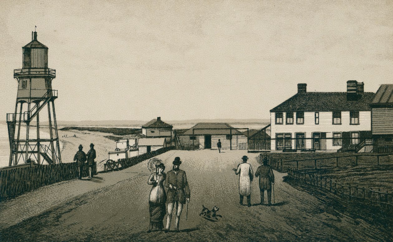 Badhuis en zandstrand, Dovercourt (litho) door English School