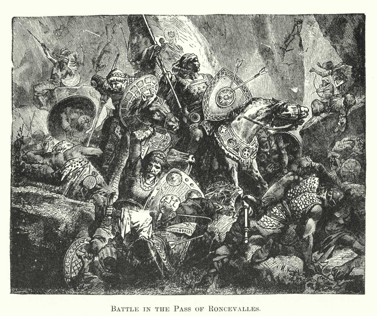 Slag in de pas van Roncevalles (gravure) door English School