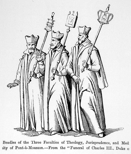 Dienaren van de Drie Faculteiten van Theologie, Rechtsgeleerdheid en Geneeskunde, uit De Begrafenis van Karel III (1543-1608) Hertog van Lotharingen, illustratie uit Wetenschap en Literatuur in de Middeleeuwen en de Renaissance, geschreven en gegraveerd do door English School
