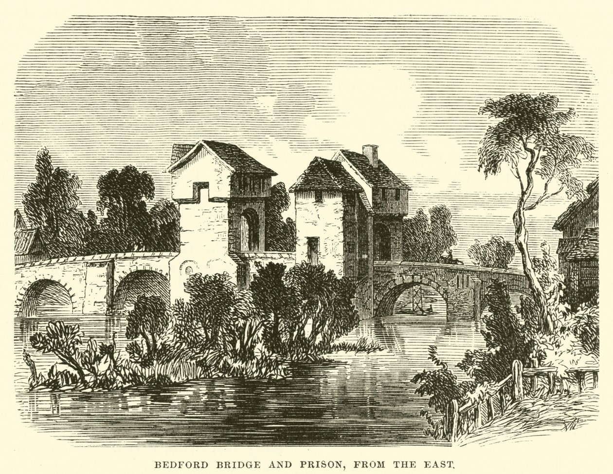 Bedford Bridge en Gevangenis; vanuit het oosten (gravure) door English School
