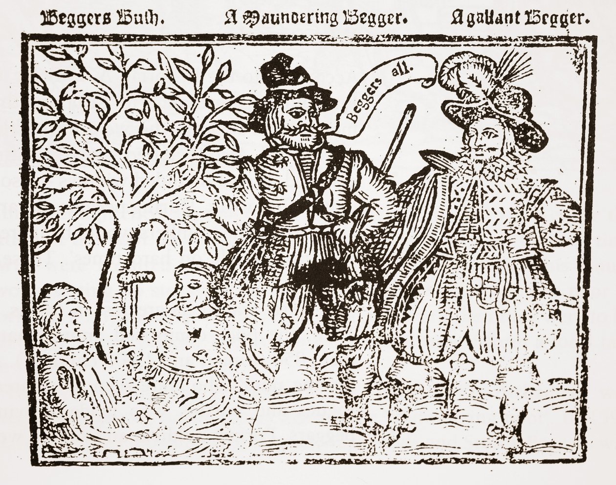Beggars All: Beggars Bush, een zwervende bedelaar en een galante bedelaar, titelpagina van The Praise, Antiquity and Commodity of Beggary, Beggars and Begging door English School