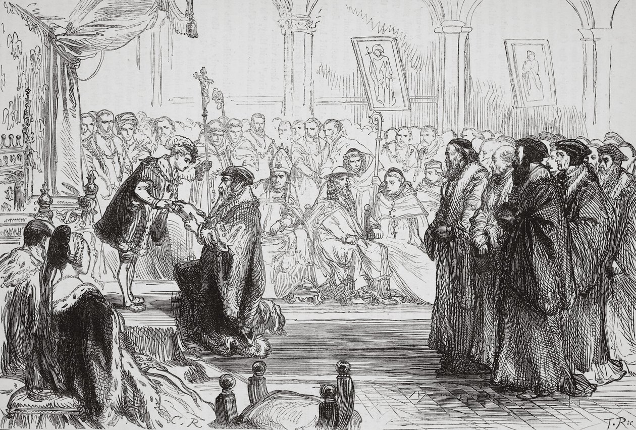 Beza presenteert de belijdenis van de Franse protestantse kerk aan de koning op de Colloquium van Poissy, illustratie uit De Geschiedenis van het Protestantisme door James Aitken Wylie, gepubliceerd in 1878 door English School