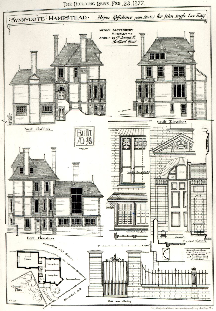 Bijou Residence Sunnycote, Hampstead, (met studio) voor John Ingle Lee Esq, uit The Building News, 23 februari 1877 door English School