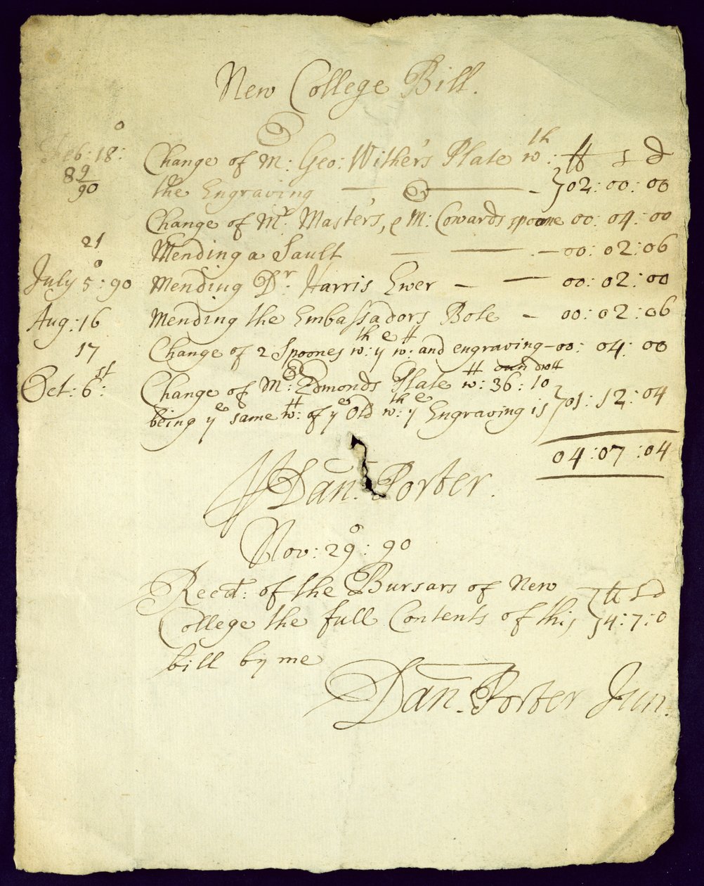 Rekening van Daniel Porter aan New College, 1690 door English School