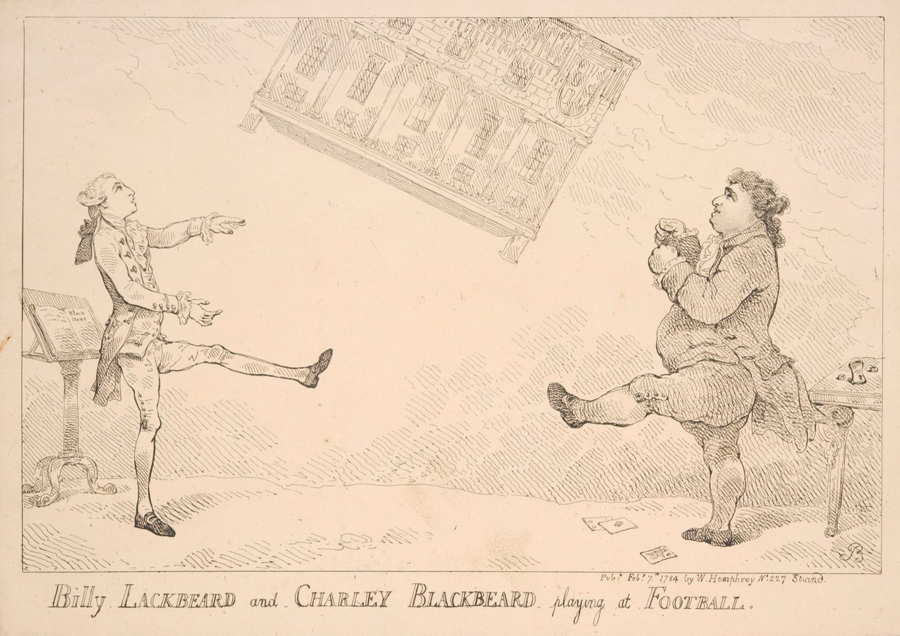 Billy Blackbeard en Charley Blackbeard spelen voetbal, satirische cartoon verwijzend naar de East India Bill, gepubliceerd door W. Humphrey, 1744 door English School