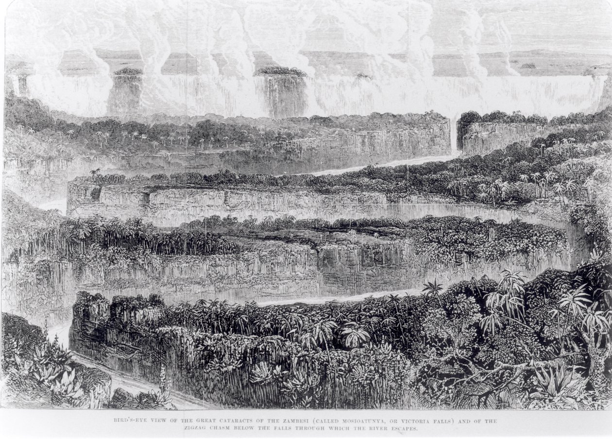 Vogelvlucht van de Grote Cataracten van de Zambesi (Victoria Falls) uit Verhaal van een Tentoonstelling naar de Zambesi en zijn Zijrivieren, gepubliceerd 1865 door English School