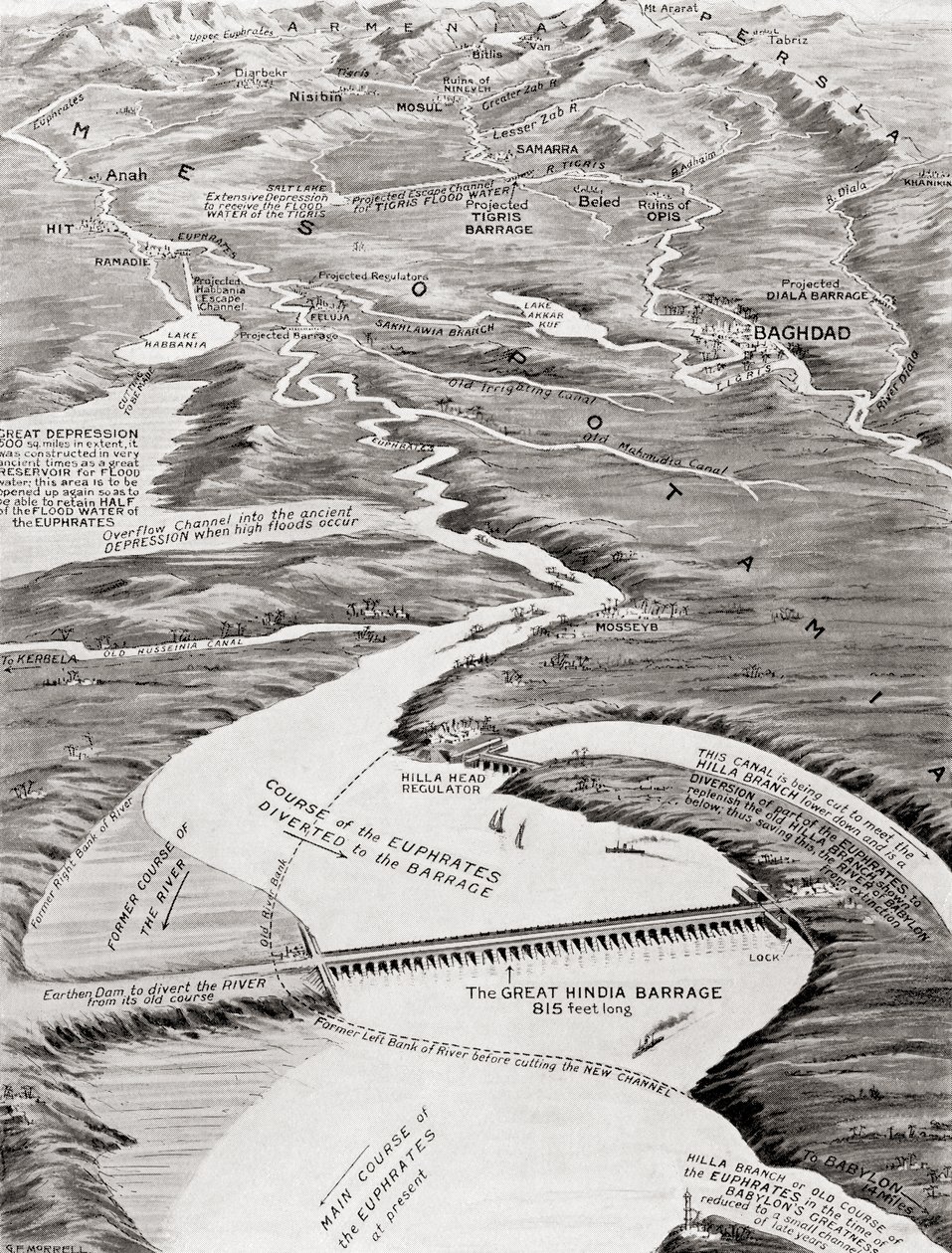 Vogelvlucht van Mesopotamië met het voorgestelde irrigatieschema van William Willcock, uit Hutchinson