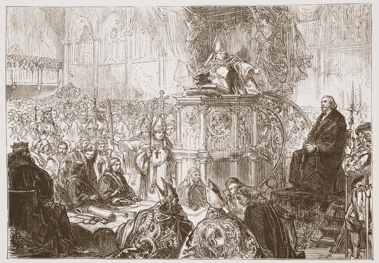 Bisschop van Lodi predikend tijdens het proces van Hus, illustratie uit The History of Protestantism door James Aitken Wylie (1808-1890), gepubliceerd 1878 door English School