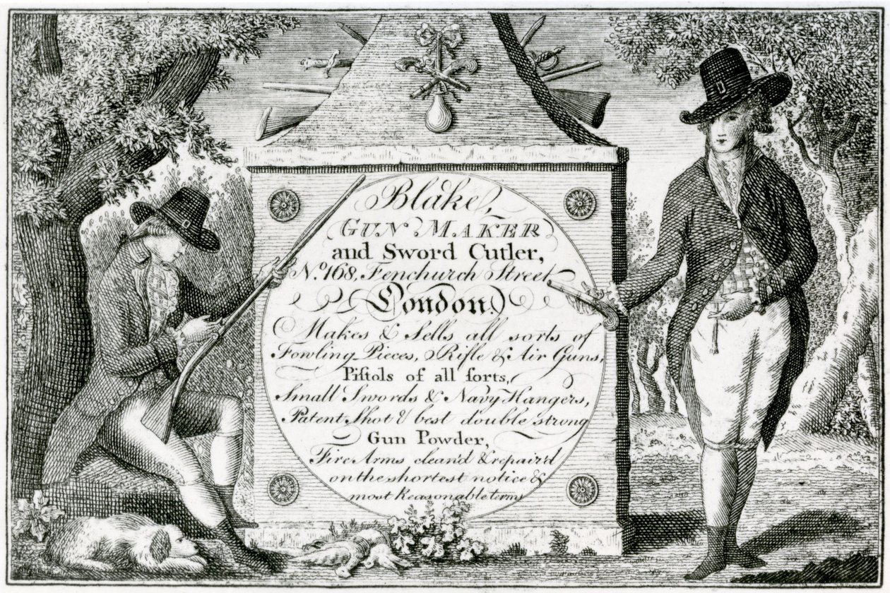 Blake, Wapenmaker en Zwaardensmid, geweerkistlabel (gravure) door English School