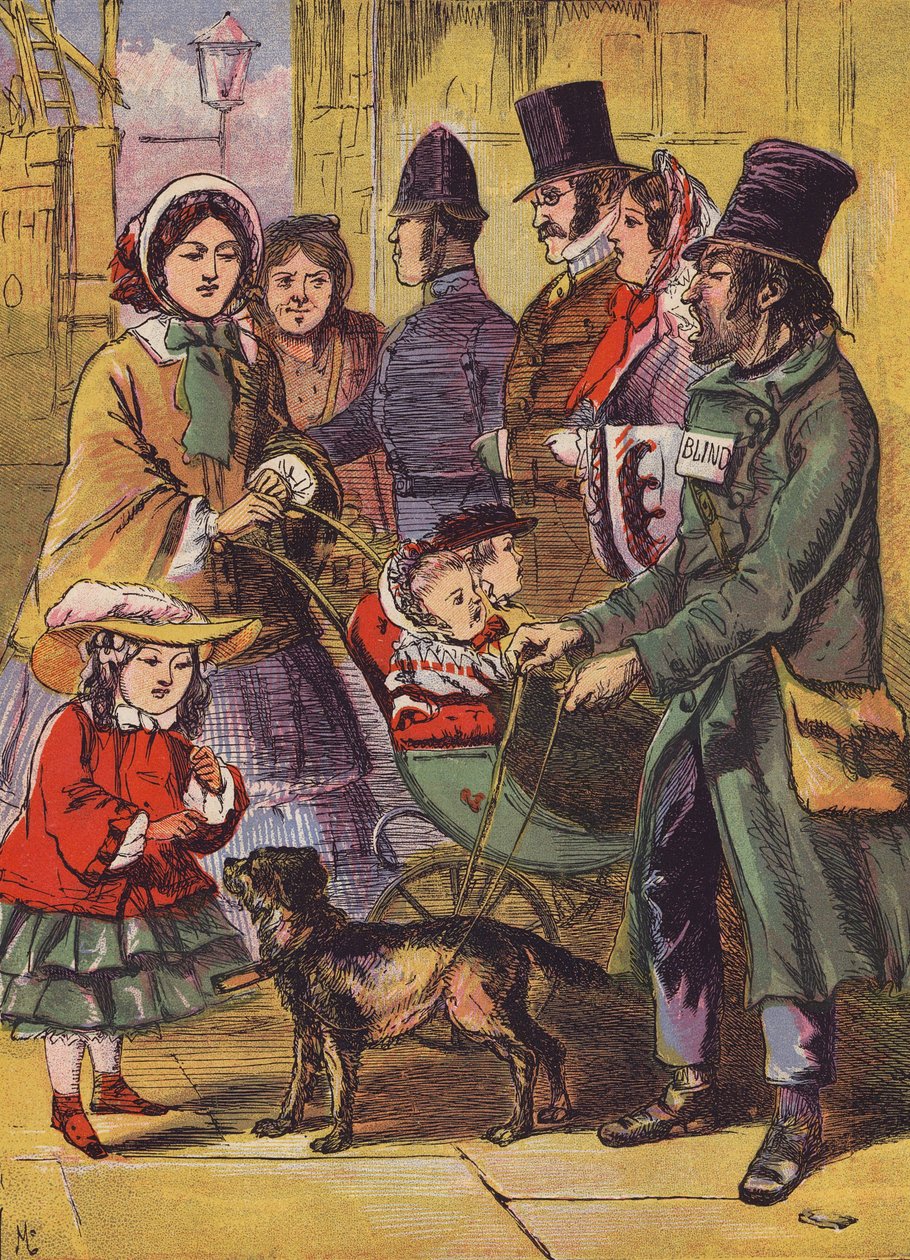 Blinde bedelaar (kleurenlitho) door English School