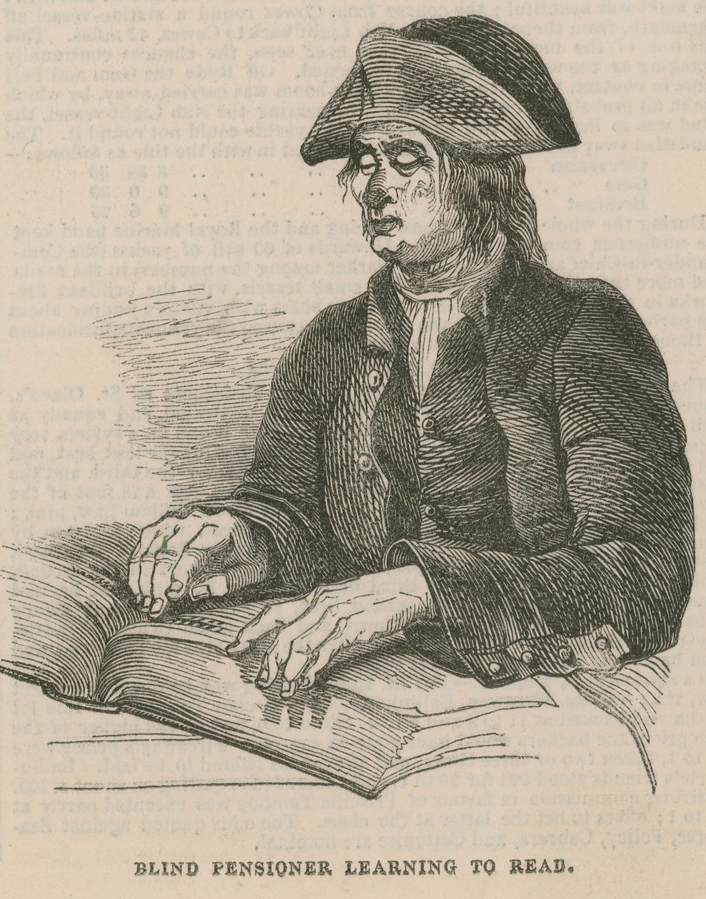 Blinde gepensioneerde leert lezen (gravure) door English School