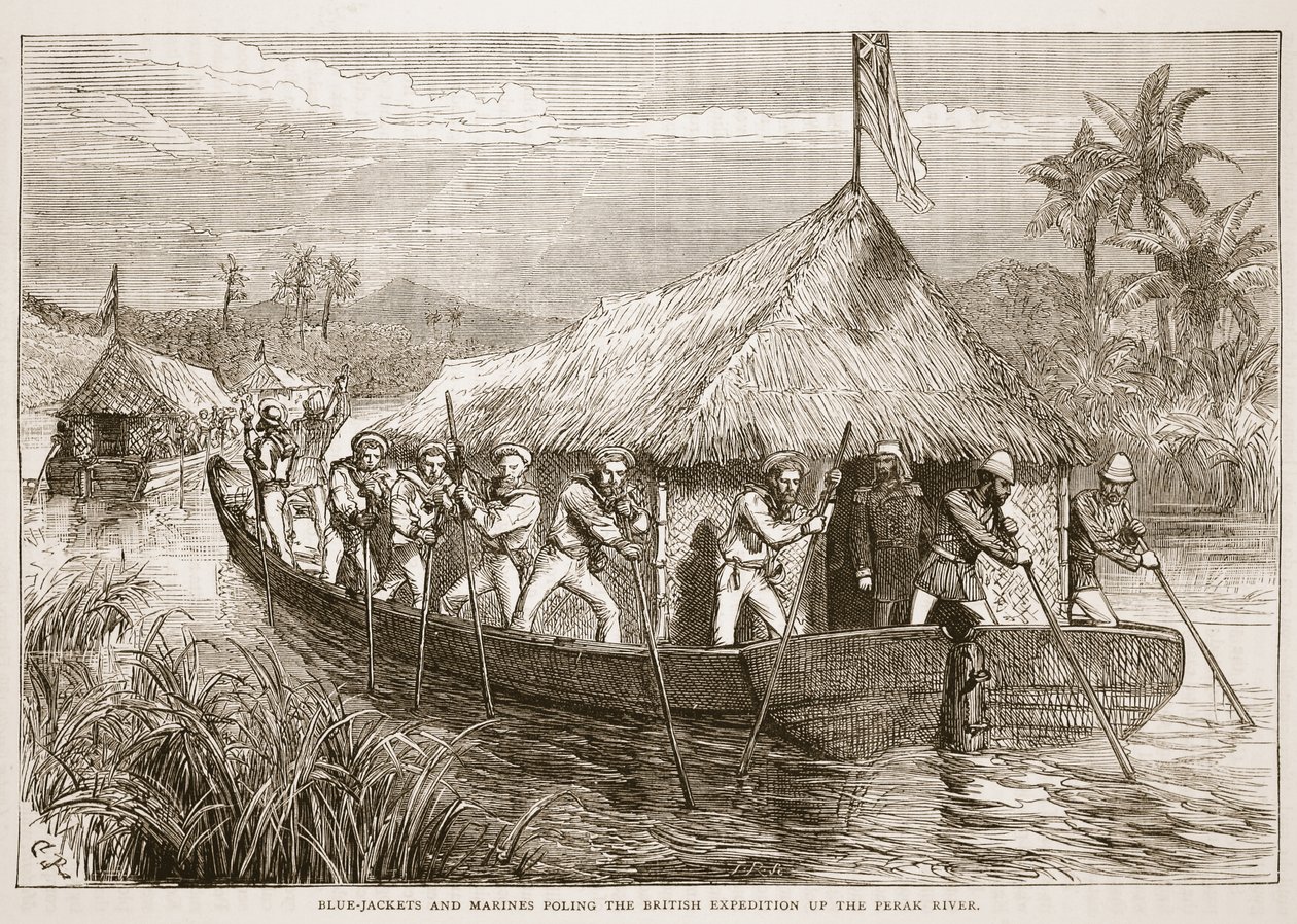 Blauwe jassen en mariniers polen de Britse expeditie de Perak-rivier op, illustratie uit Cassells Geïllustreerde Geschiedenis van Engeland door English School