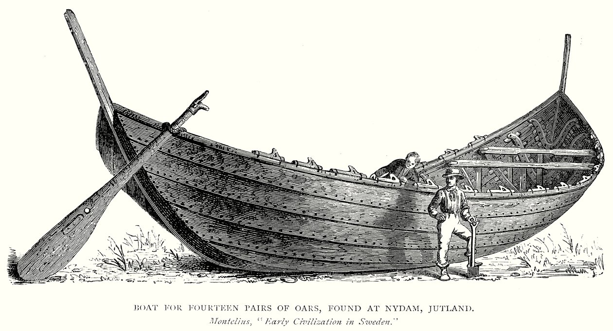 Boot voor veertien paar roeispanen, gevonden bij Nydam, Jutland (gravure) door English School