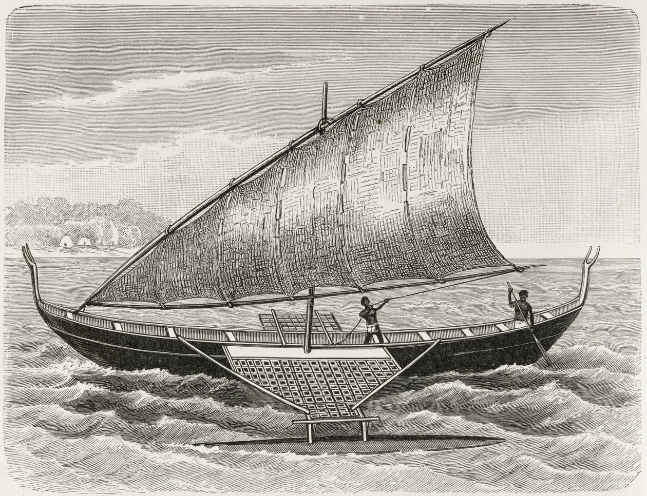 Boot van de Mortlock-eilanden, met drijver en zeil van rietmatten, uit 