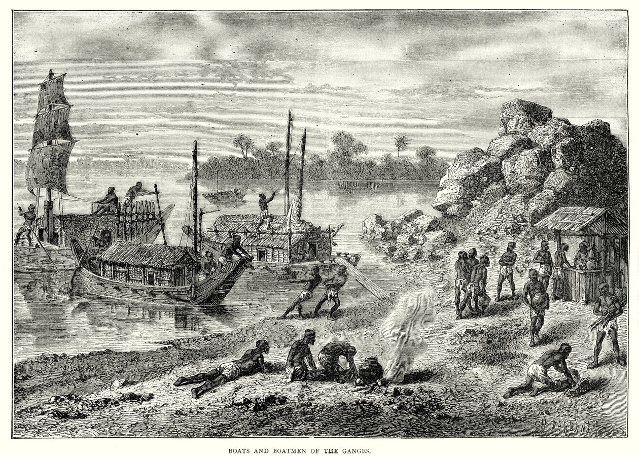 Boten en schippers van de Ganges (gravure) door English School
