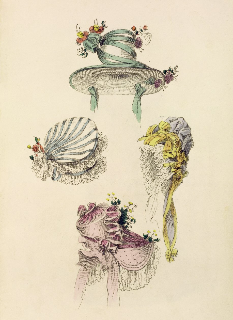 Hoeden voor een gelegenheid, modeplaat uit Ackermanns Repository of Arts door English School