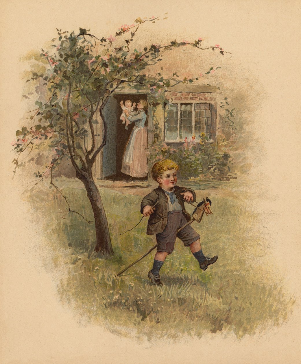 Jongen rijdt op zijn stokpaardje in de tuin (chromolitho) door English School