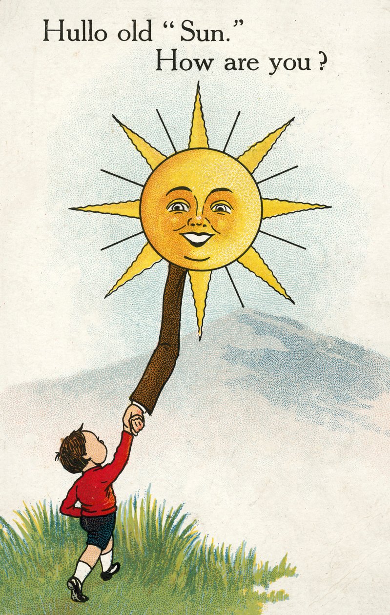 Jongen zegt de zon gedag (kleurenlitho) door English School