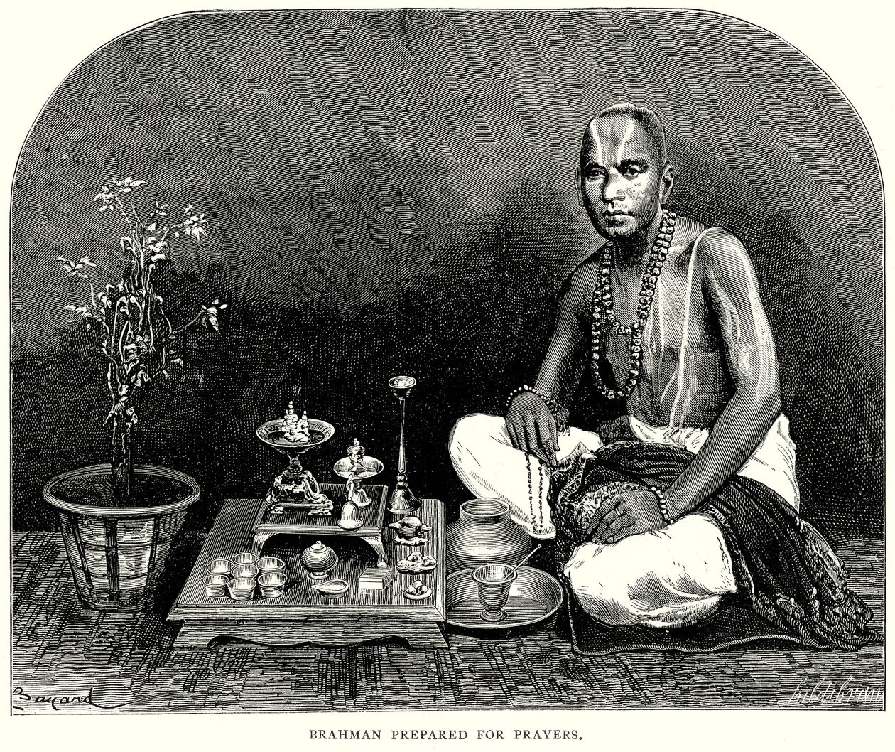Brahman voorbereid op gebed (gravure) door English School